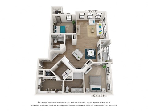 Floor plan for 2 beds, 2 baths, 1317 sqft